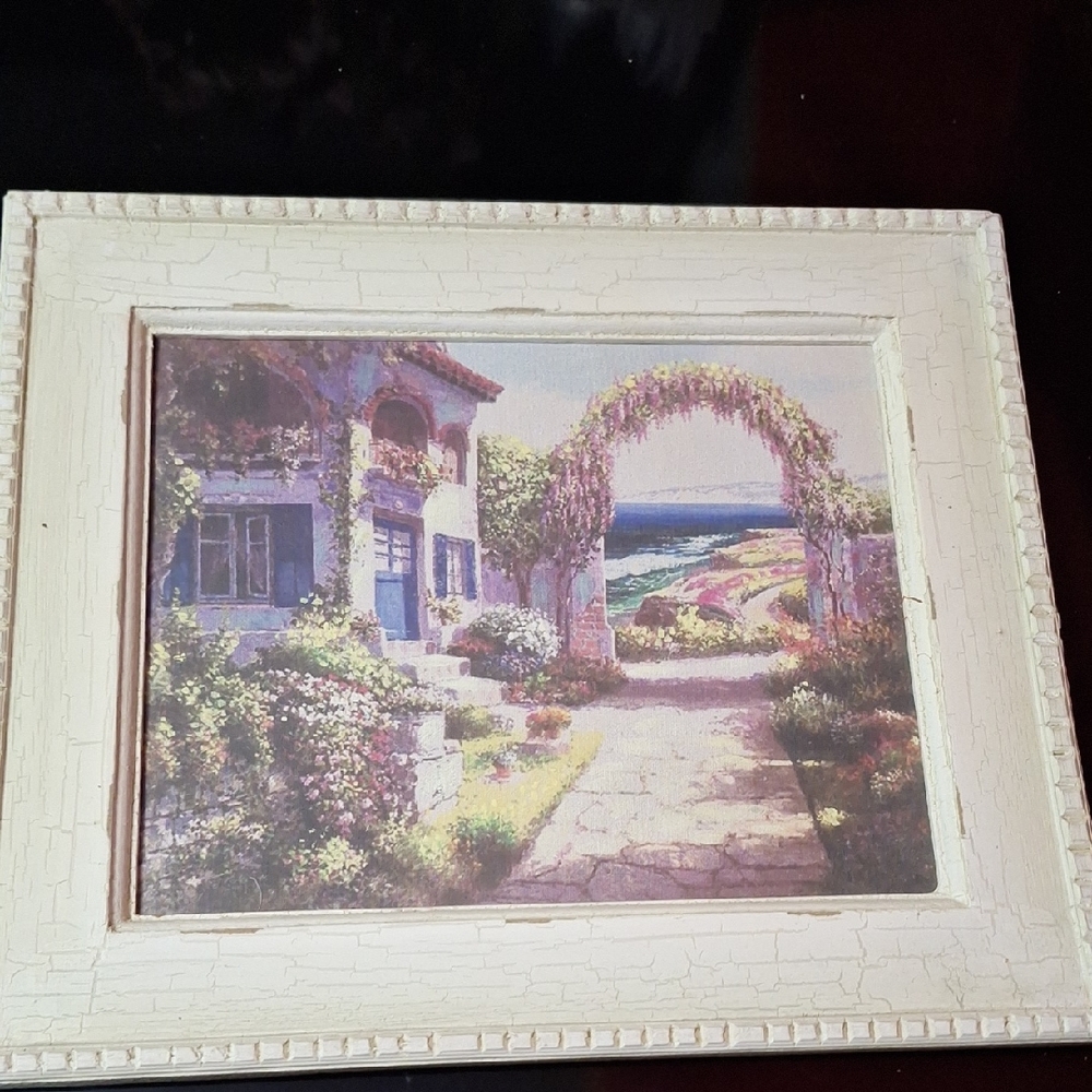 White Framed Coastal Landscape Painting 12x14" Vintage 1990s/2000s